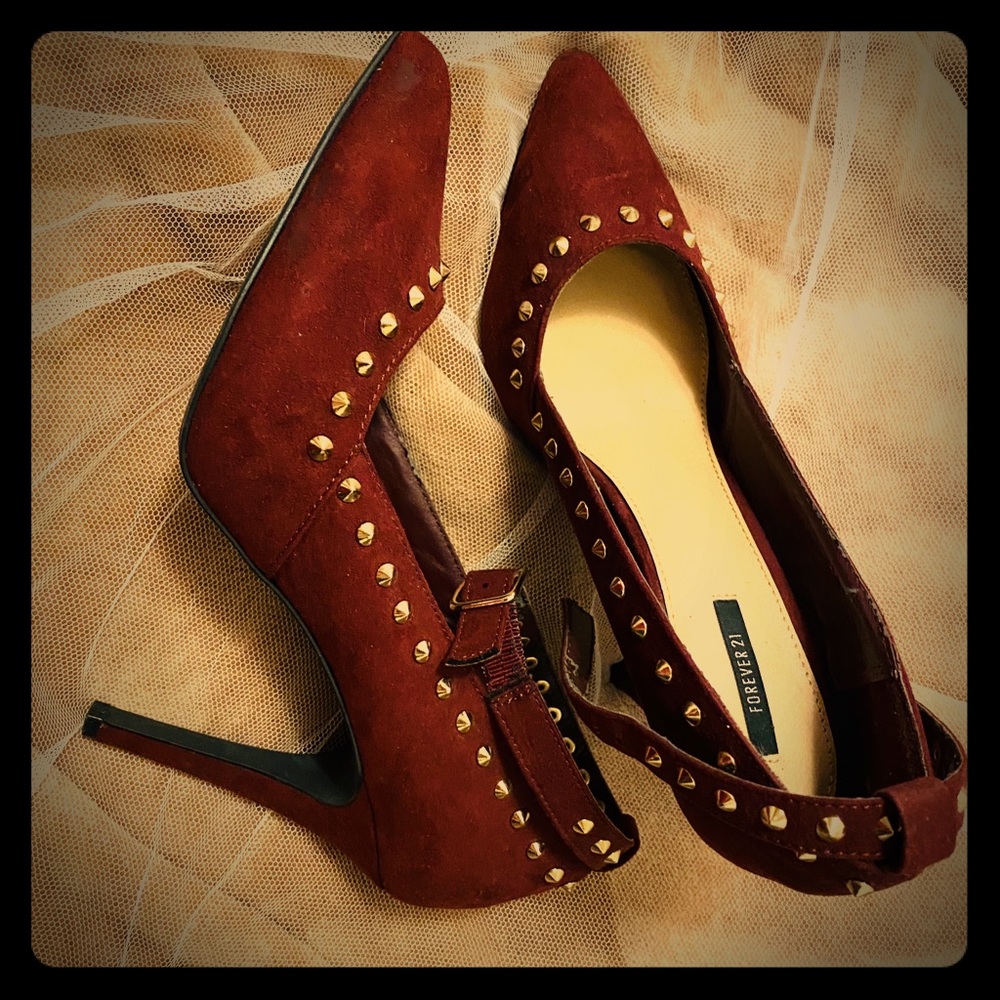 Gold Studded Burgundy Heels w/ Ankle Strap